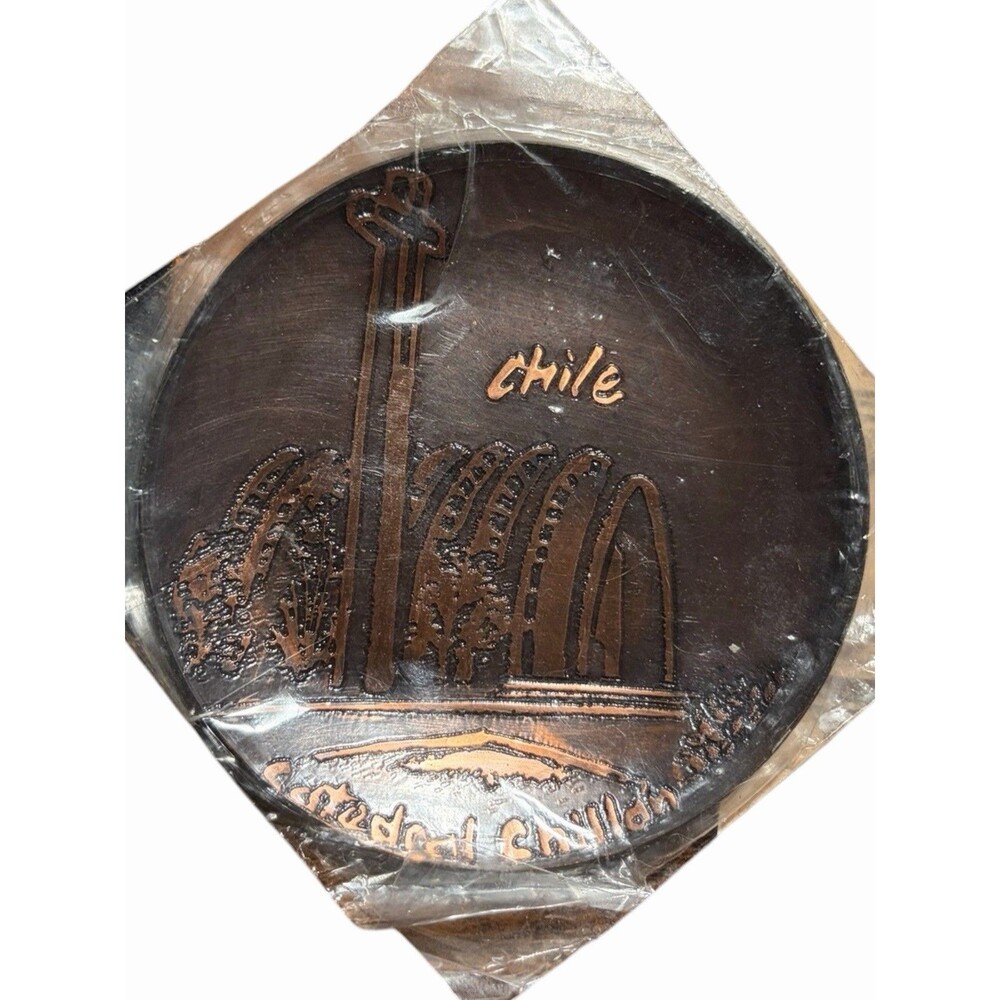 Vintage Chilean hand-etched copper souvenir dish Catedral Chillan New